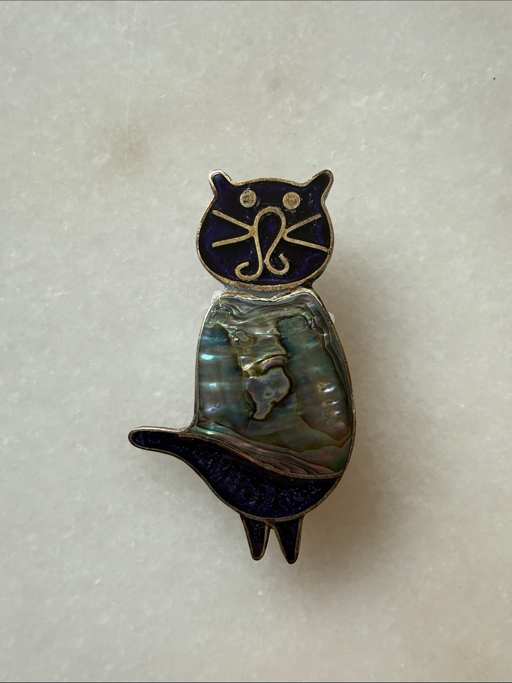 Abalone Shell Cat Pin with Dark Blue Enamel